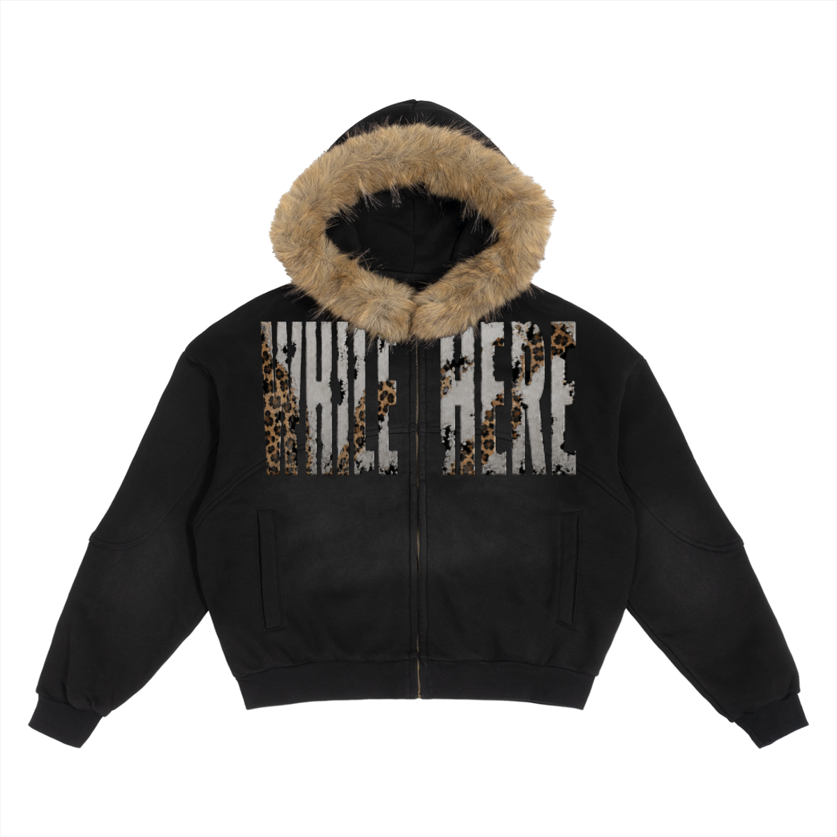 "While Here Cheetah Print" Sun Fade Boxy Detachable Fur Hoodie