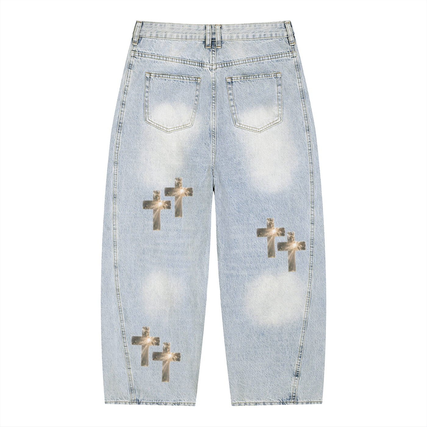 "Heavenly Crosses" Men's Vintage Wash Sunfade Barrel Leg Jeans