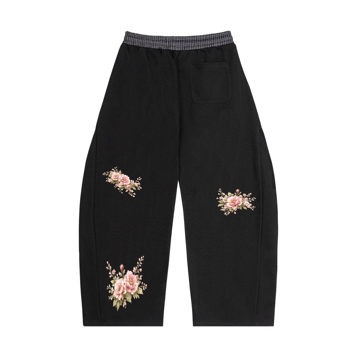 "Flowers" Plaid Waistband Barrel Sweatpants