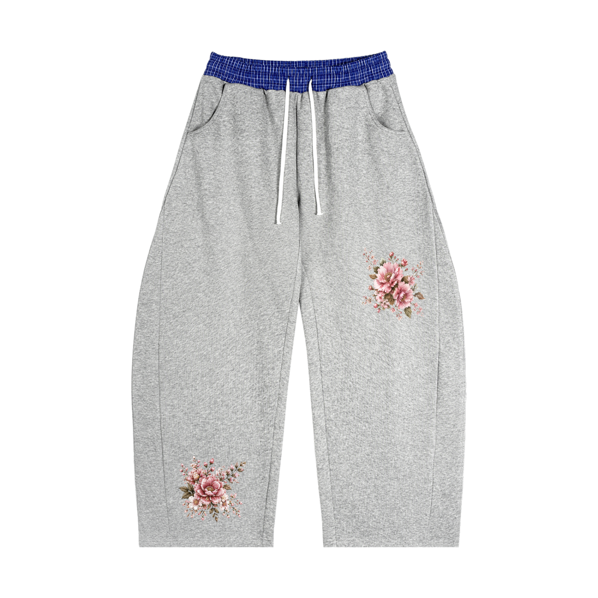 "Flowers" Plaid Waistband Barrel Sweatpants