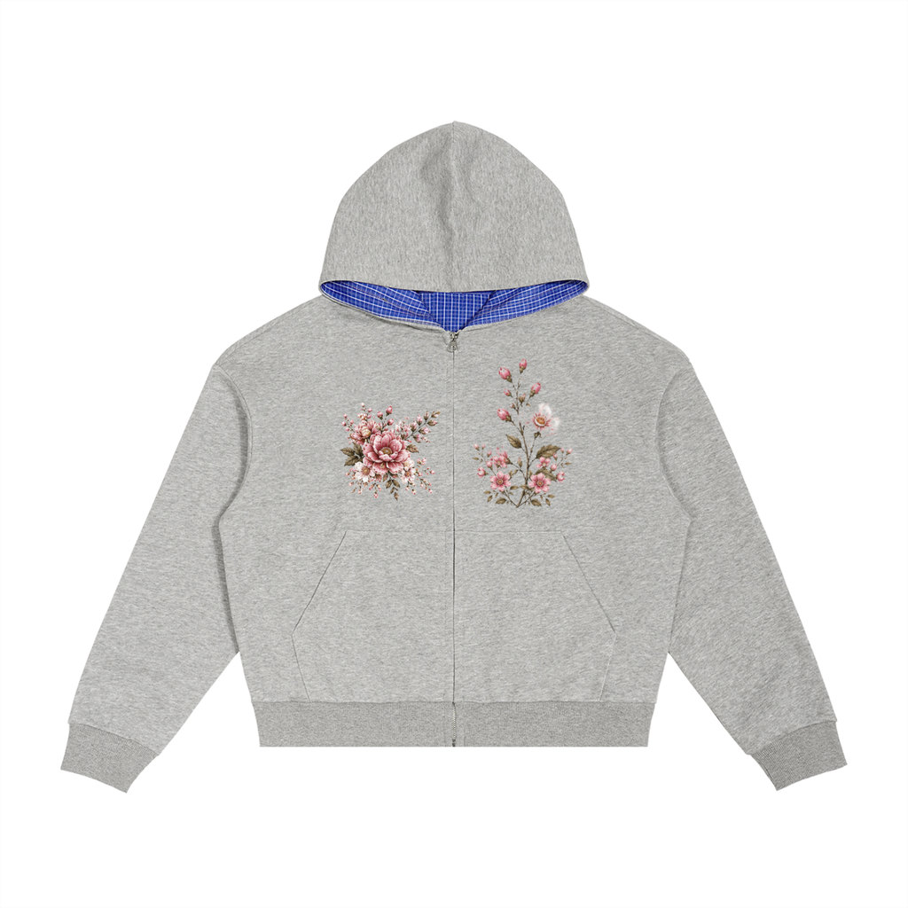 "Flowers" Plaid Boxy Zip Hoodie