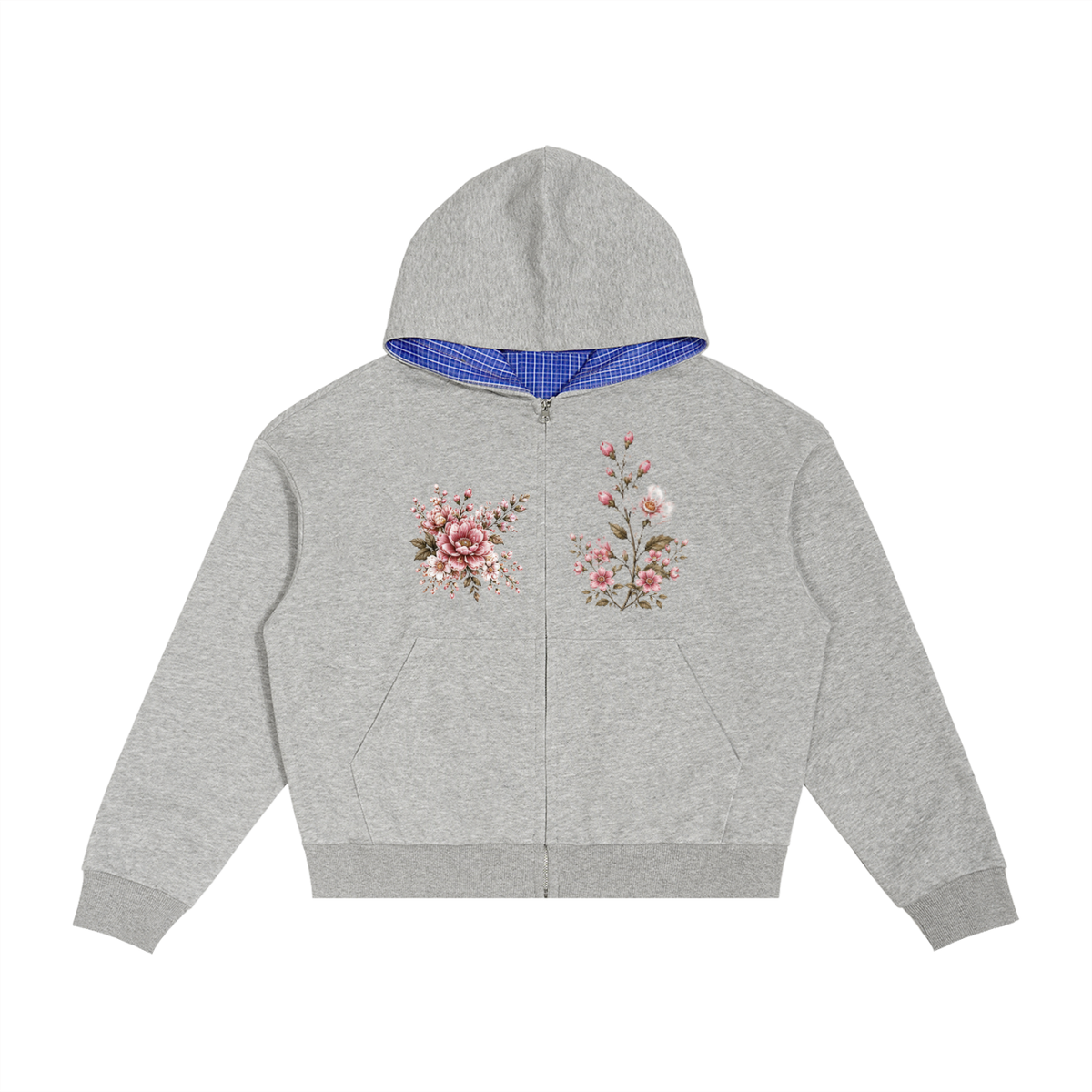 "Flowers" Plaid Boxy Zip Hoodie