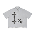 "Damaged Crosses" Unisex Distressed Plaid Boxy Shirt