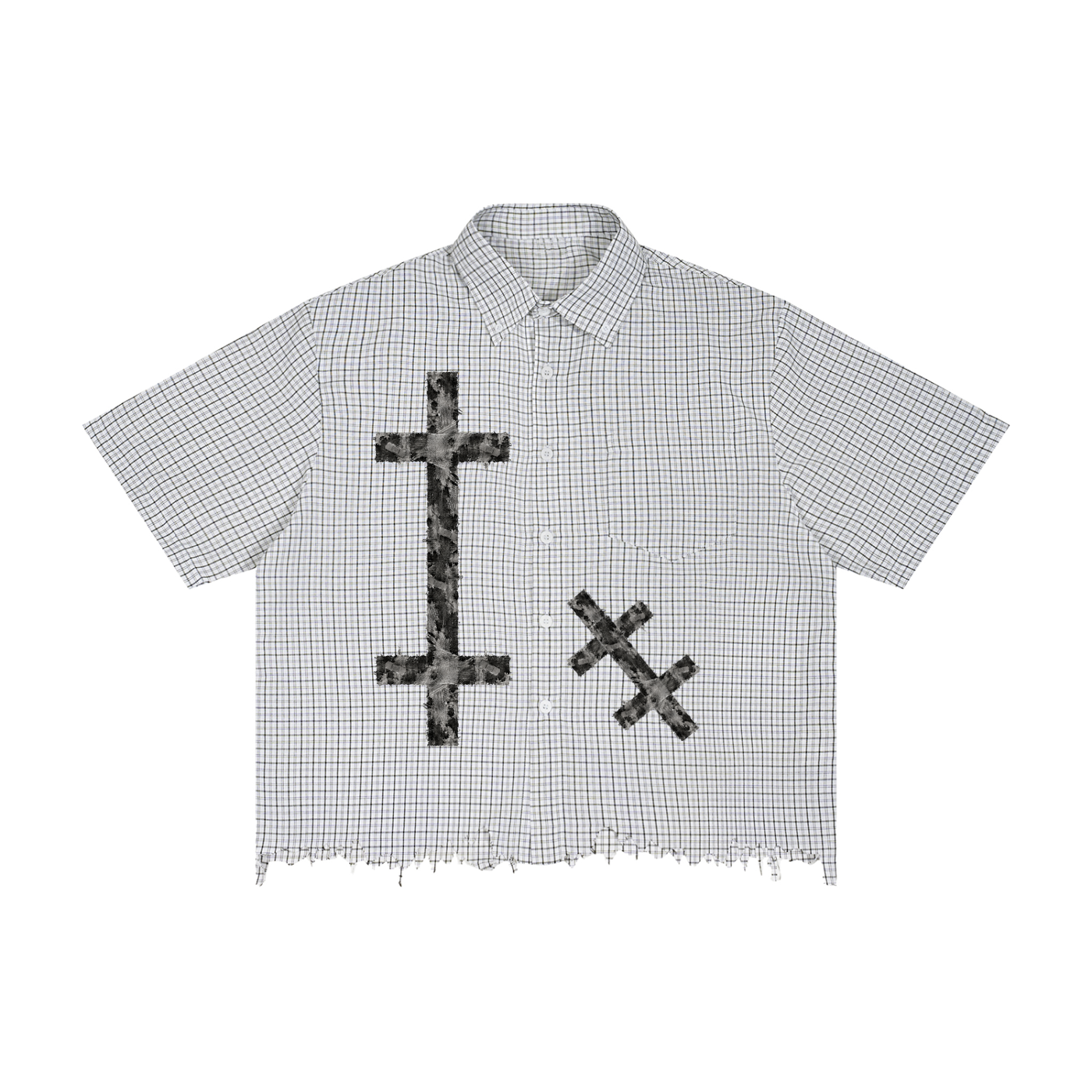 "Damaged Crosses" Unisex Distressed Plaid Boxy Shirt