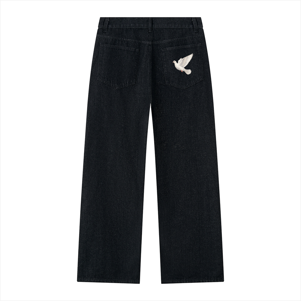 "While Here Dove" Vintage Wash Wide Leg Denim Jeans
