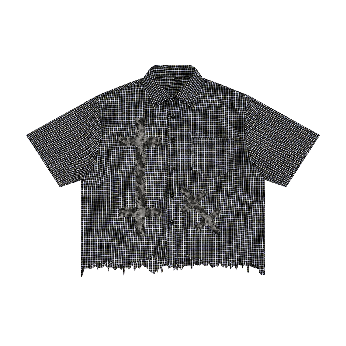 "Damaged Crosses" Unisex Distressed Plaid Boxy Shirt