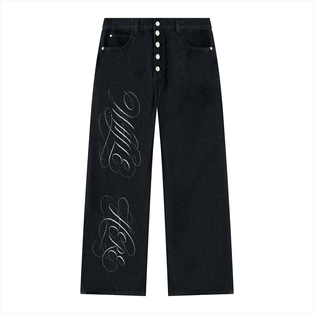 "While Here Dove" Vintage Wash Wide Leg Denim Jeans