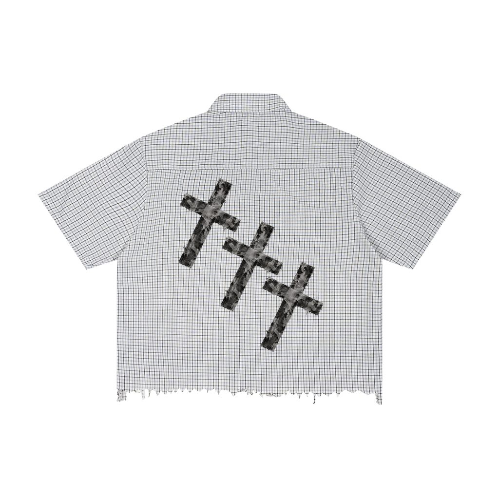 "Damaged Crosses" Unisex Distressed Plaid Boxy Shirt