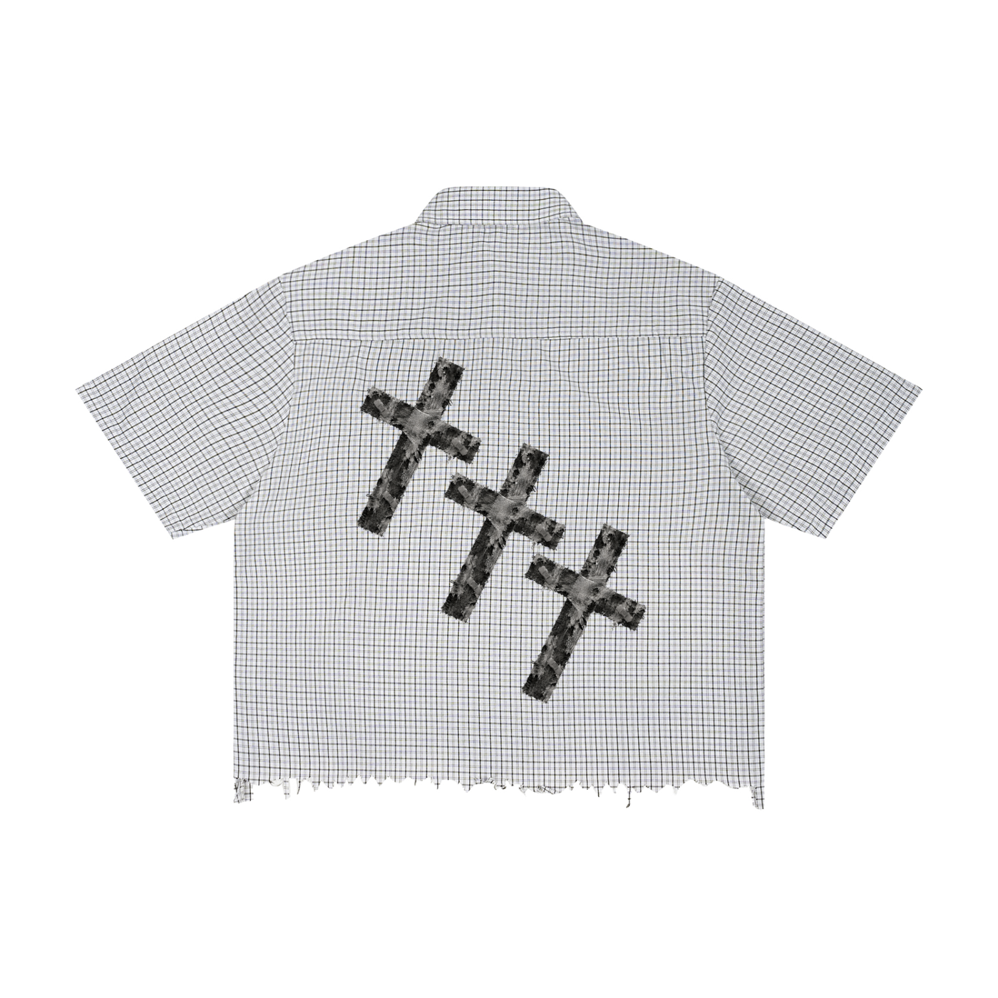 "Damaged Crosses" Unisex Distressed Plaid Boxy Shirt