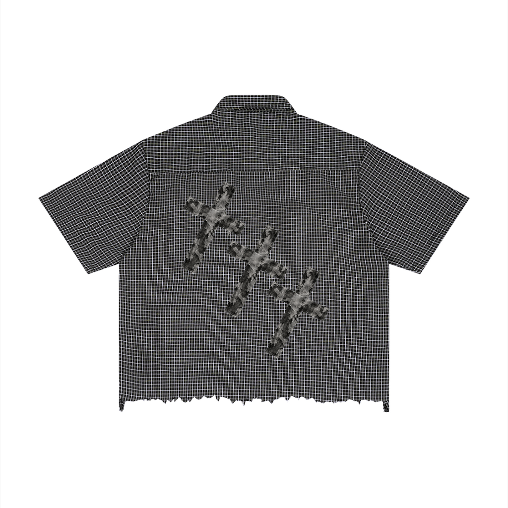 "Damaged Crosses" Unisex Distressed Plaid Boxy Shirt