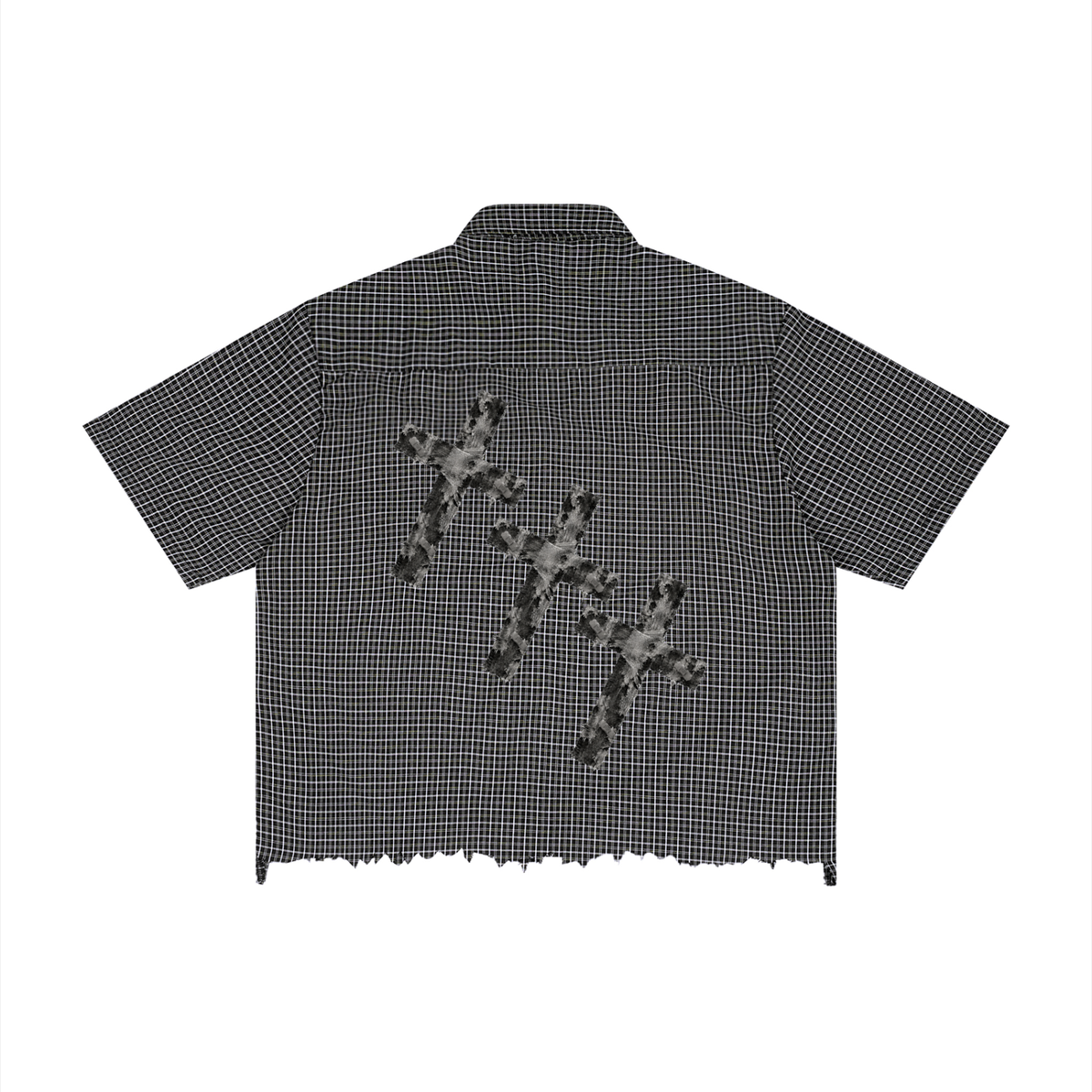"Damaged Crosses" Unisex Distressed Plaid Boxy Shirt
