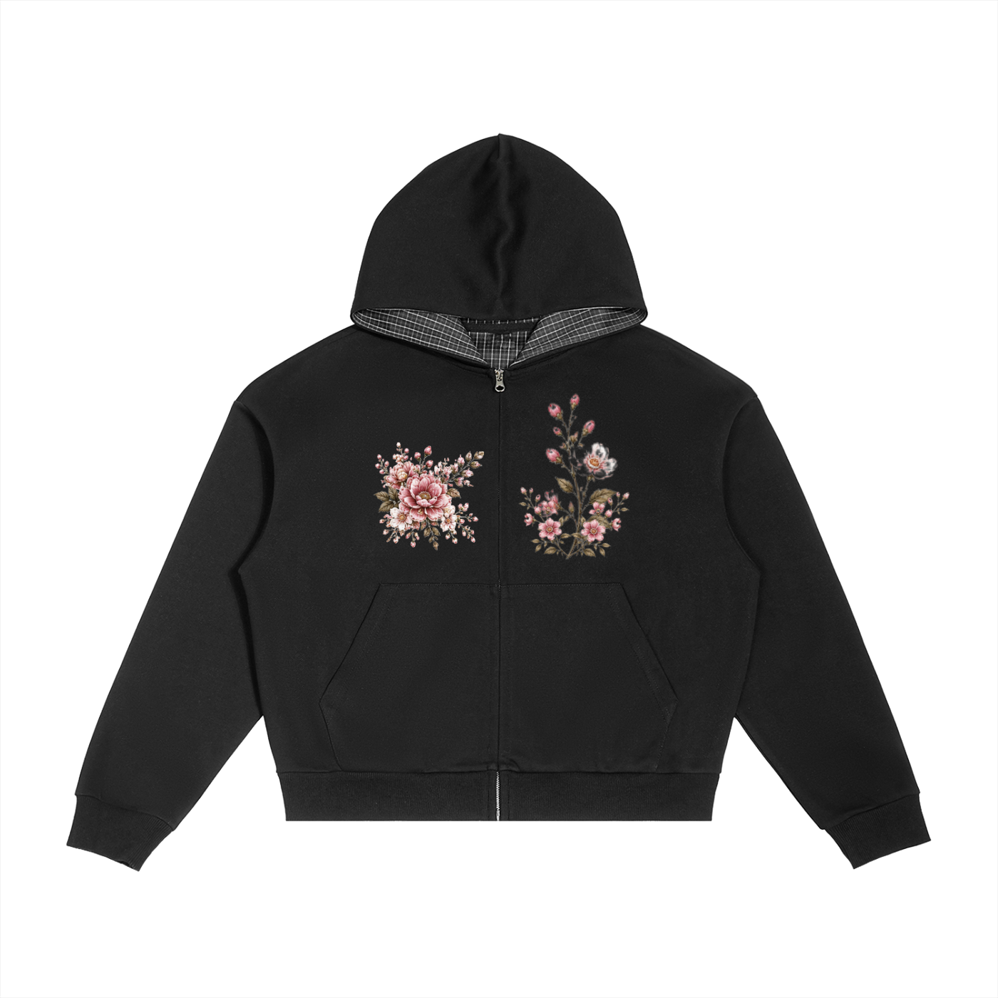 "Flowers" Plaid Boxy Zip Hoodie