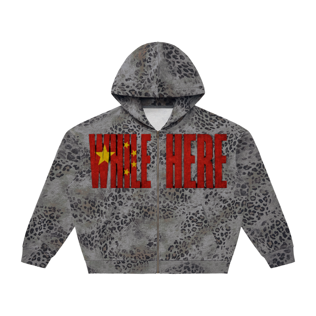 "While In ____ " Vintage Wash Leopard Full Zip Hoodie