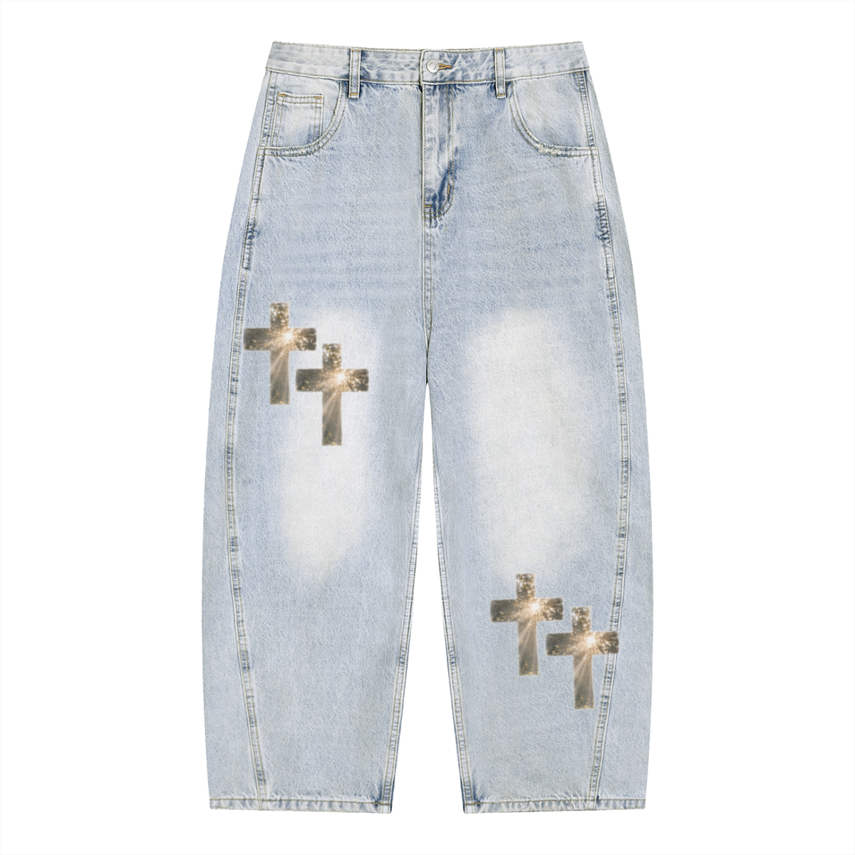 "Heavenly Crosses" Men's Vintage Wash Sunfade Barrel Leg Jeans