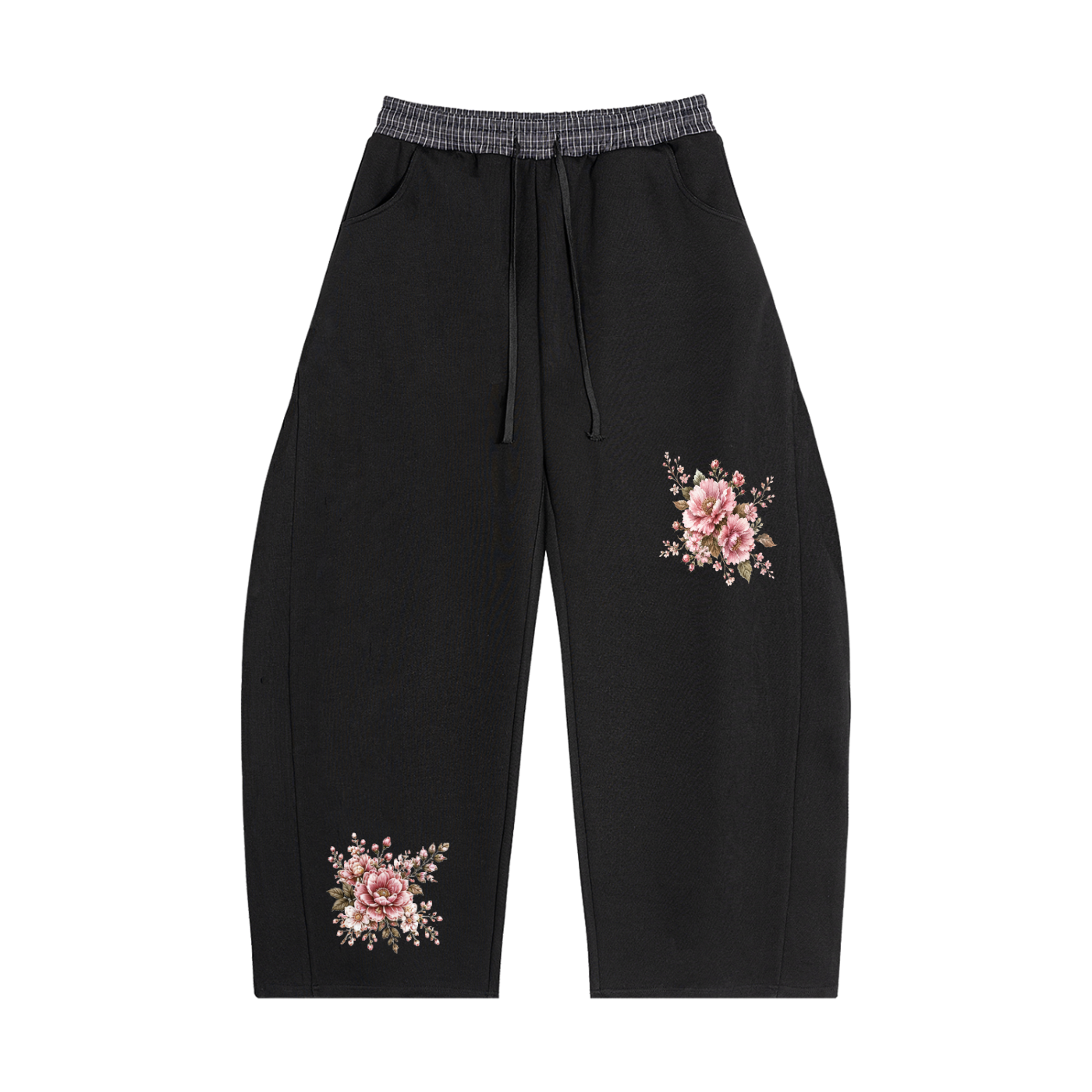 "Flowers" Plaid Waistband Barrel Sweatpants